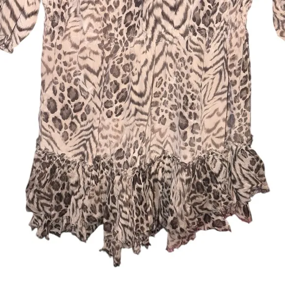 Rebecca Taylor Meow Tunic Dress Tan Beige Leopard Animal Print 100% Silk Dress