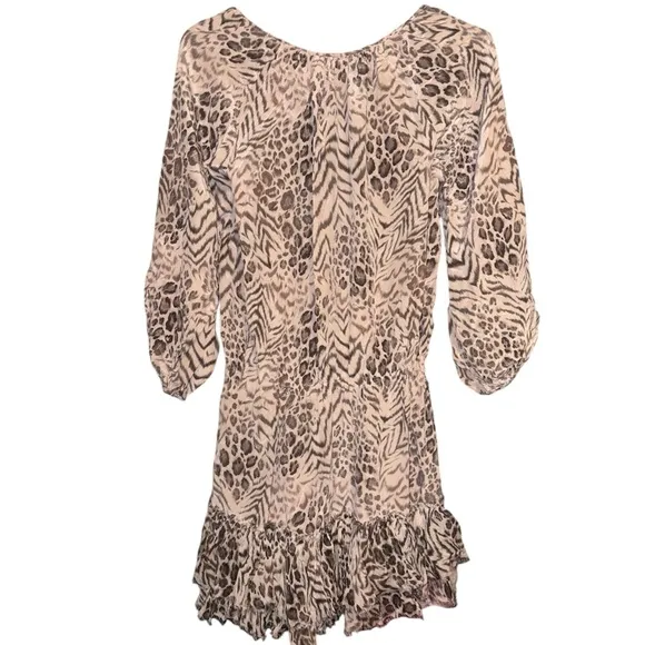 Rebecca Taylor Meow Tunic Dress Tan Beige Leopard Animal Print 100% Silk Dress