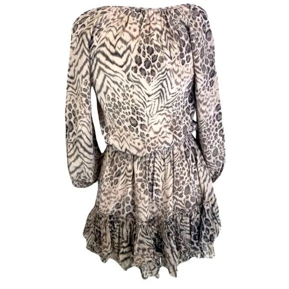 Rebecca Taylor Meow Tunic Dress Tan Beige Leopard Animal Print 100% Silk Dress