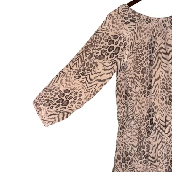 Rebecca Taylor Meow Tunic Dress Tan Beige Leopard Animal Print 100% Silk Dress