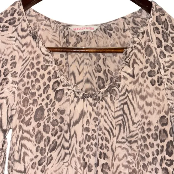 Rebecca Taylor Meow Tunic Dress Tan Beige Leopard Animal Print 100% Silk Dress