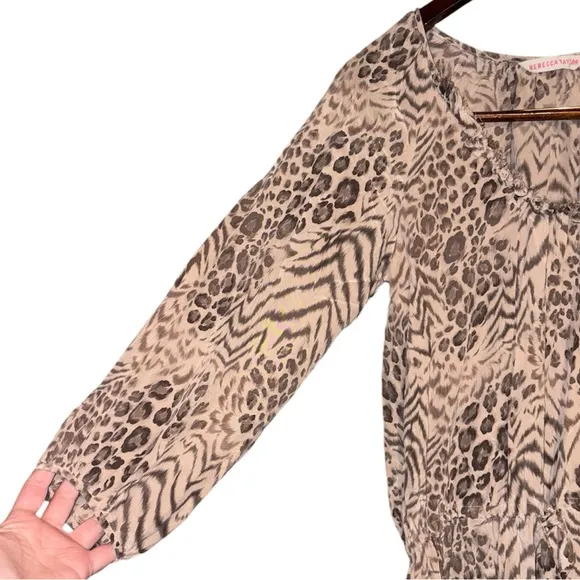 Rebecca Taylor Meow Tunic Dress Tan Beige Leopard Animal Print 100% Silk Dress