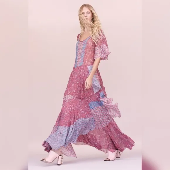 REBECCA TAYLOR Silk Floral Tier Maxi Midi Dress