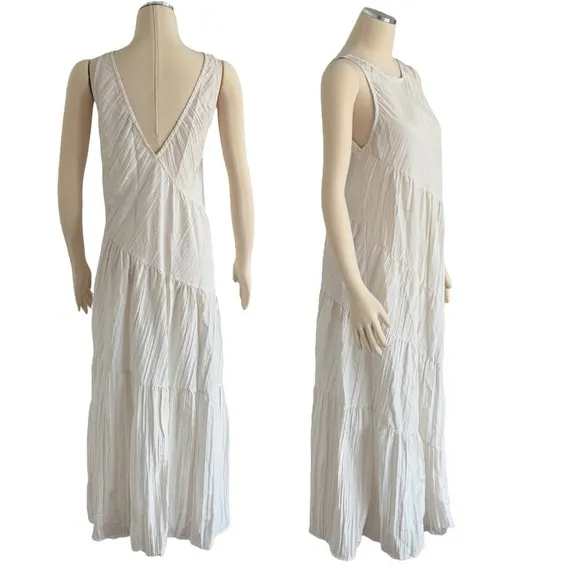 REBECCA TAYLOR Tiered Crinkle Sleeveless silhouette V Back  Maxi Dress Small NEW