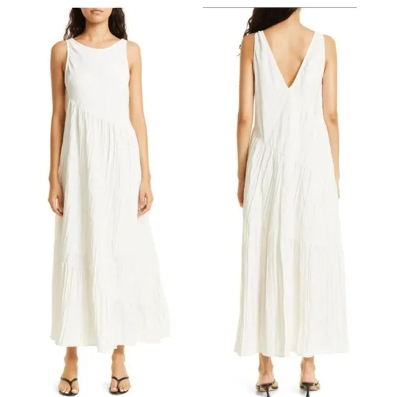 REBECCA TAYLOR Tiered Crinkle Sleeveless silhouette V Back  Maxi Dress Small NEW