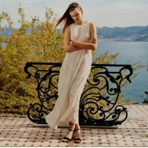 REBECCA TAYLOR Tiered Crinkle Sleeveless silhouette V Back  Maxi Dress Small NEW