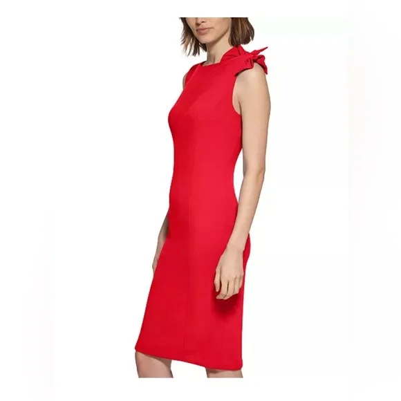 ❤️Red CALVIN KLEIN Bow-Trim Boat-Neck Sheath Dress - Size 12