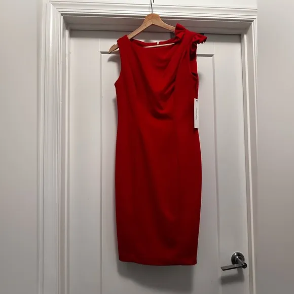 ❤️Red CALVIN KLEIN Bow-Trim Boat-Neck Sheath Dress - Size 12