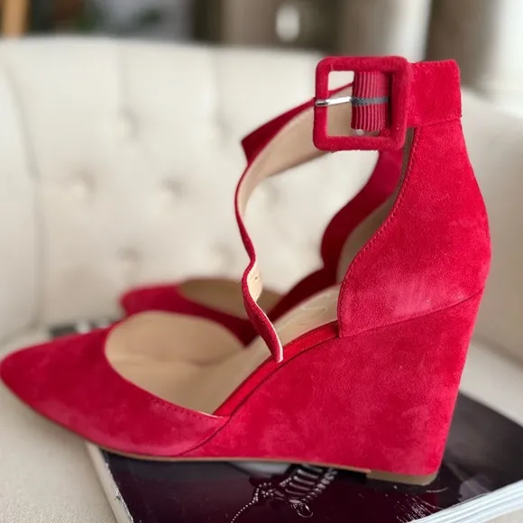 Red Suede Wedges ankle strap pointy toe shoes