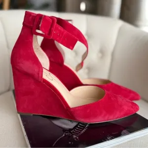 Red Suede Wedges ankle strap pointy toe shoes