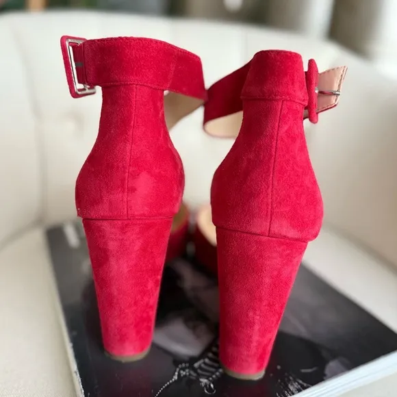 Red Suede Wedges ankle strap pointy toe shoes