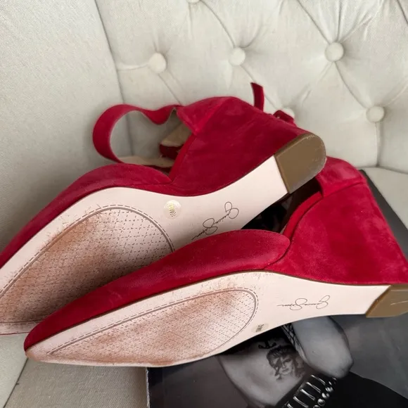Red Suede Wedges ankle strap pointy toe shoes