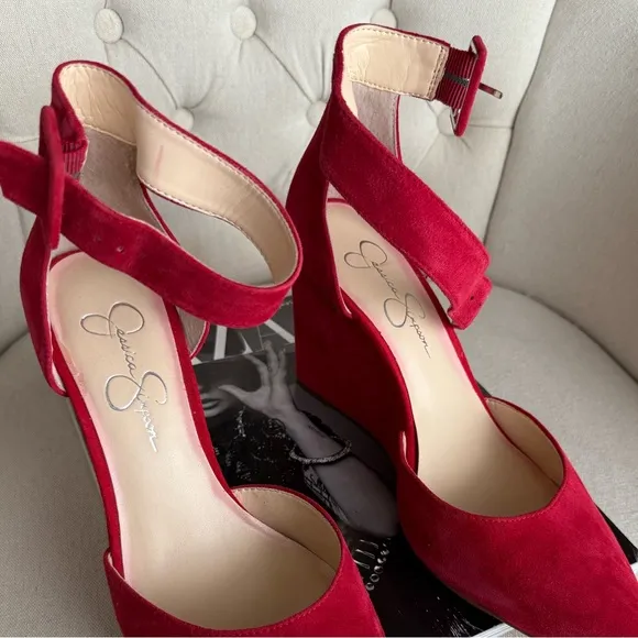 Red Suede Wedges ankle strap pointy toe shoes