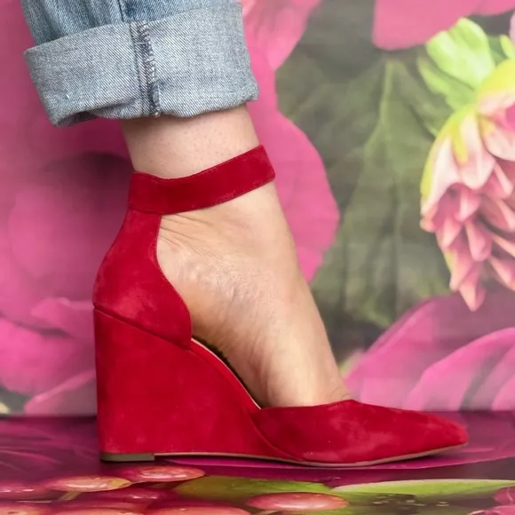 Red Suede Wedges ankle strap pointy toe shoes