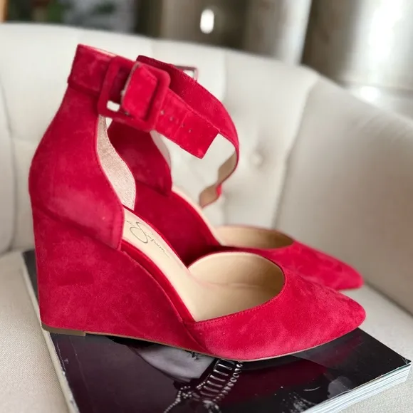 Red Suede Wedges ankle strap pointy toe shoes