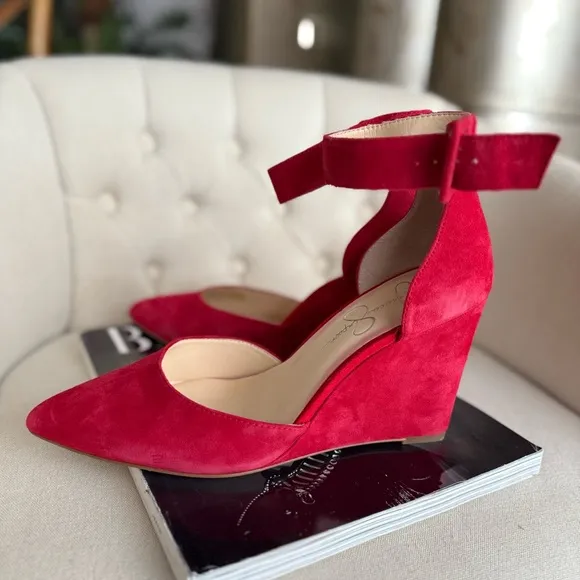 Red Suede Wedges ankle strap pointy toe shoes