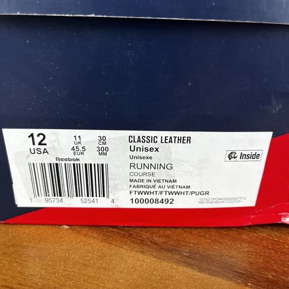 Reebok Classic Leather Men's Size 12 Shoes White Pure Grey Sneakers 100008492