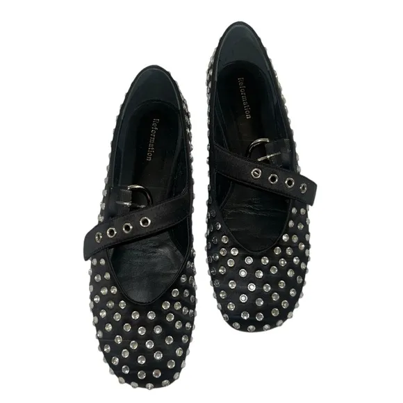 Reformation Bethany Satin Rhinestone Round Toe Buckle Mary Jane Ballet Flats