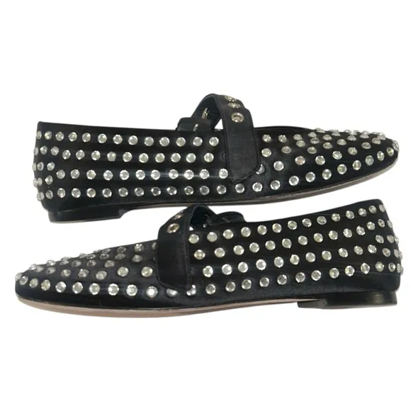 Reformation Bethany Satin Rhinestone Round Toe Buckle Mary Jane Ballet Flats