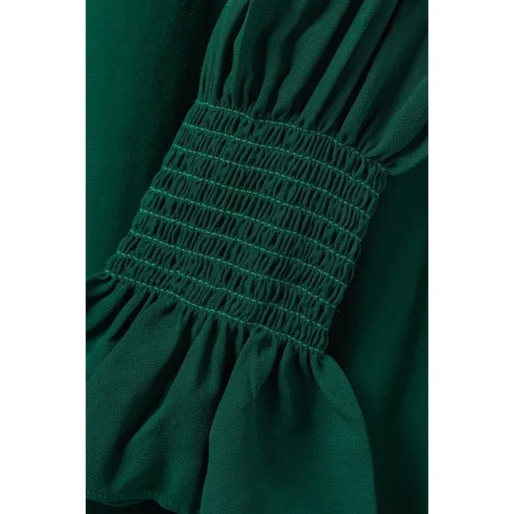 REFORMATION Emerald Crepe Long Puffed Bell Sleeve Ruffled High Neck Mini Dress 2