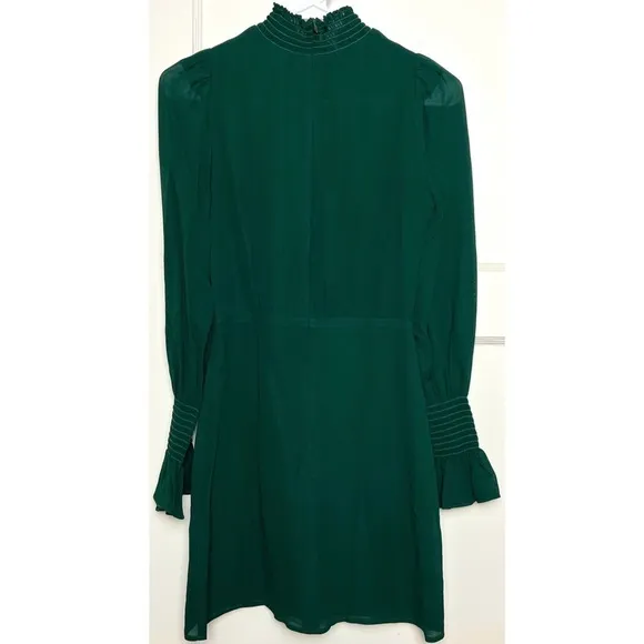 REFORMATION Emerald Crepe Long Puffed Bell Sleeve Ruffled High Neck Mini Dress 2