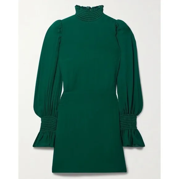 REFORMATION Emerald Crepe Long Puffed Bell Sleeve Ruffled High Neck Mini Dress 2