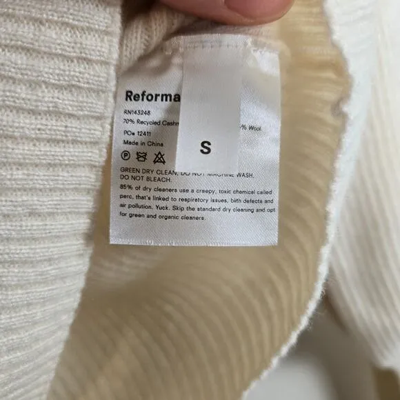Reformation Hart Wide Neck Balloon Sleeve Cashmere Sweater Cream White Womens S