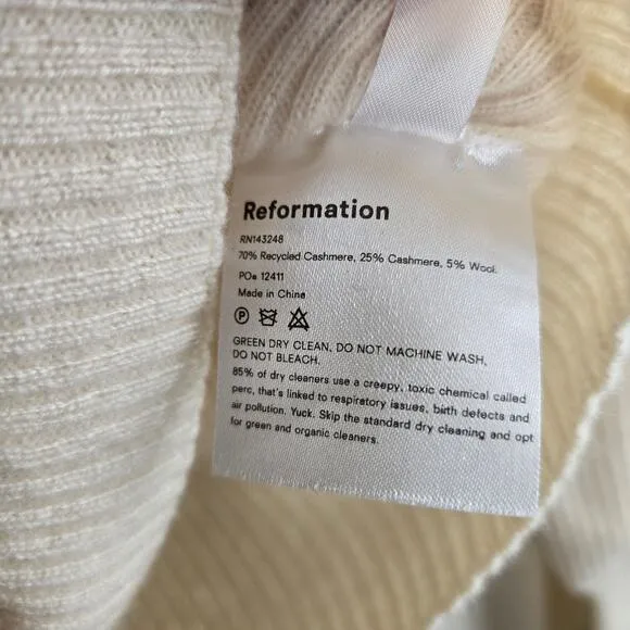 Reformation Hart Wide Neck Balloon Sleeve Cashmere Sweater Cream White Womens S