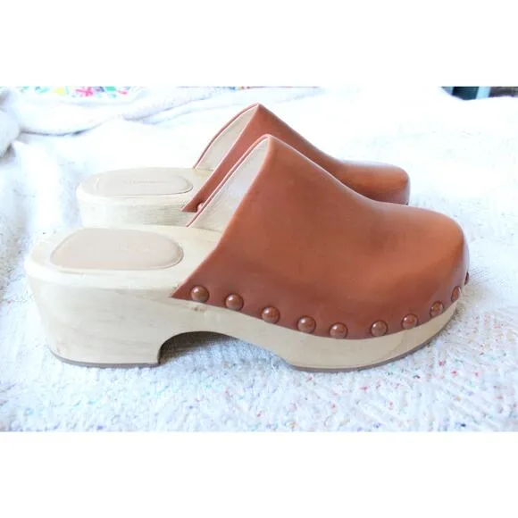 Reformation Rayna Brown Leather Closed Toe Clog Mule Wedges Size 8