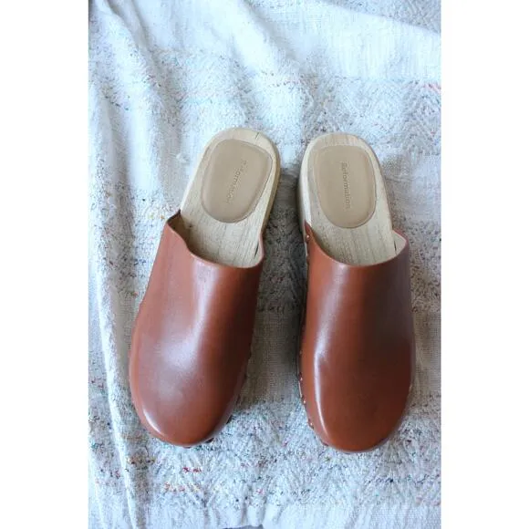 Reformation Rayna Brown Leather Closed Toe Clog Mule Wedges Size 8