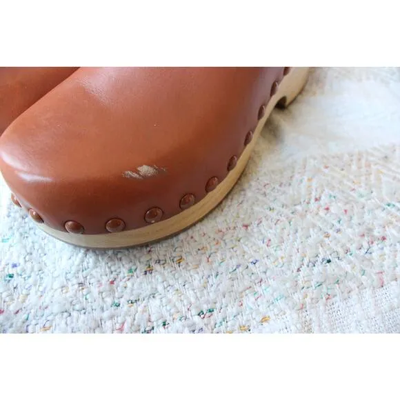 Reformation Rayna Brown Leather Closed Toe Clog Mule Wedges Size 8
