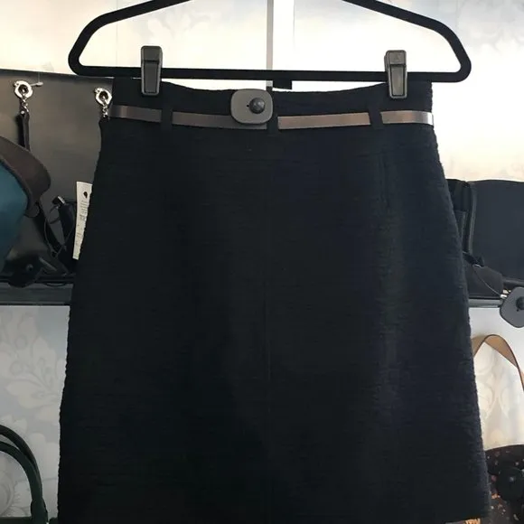 RENE LEZARD Black Wool A-Line Belted Skirt