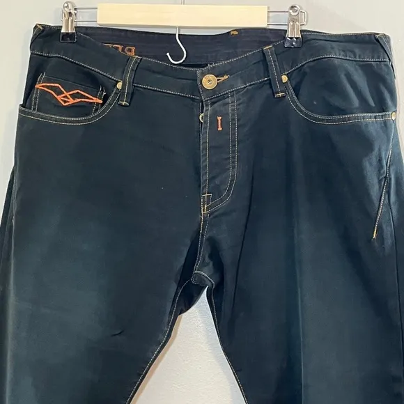 Replay Men Jean Size 34 Denim Blue Button Fly Straight Leg Orange Dark Wash