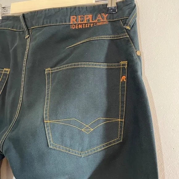 Replay Men Jean Size 34 Denim Blue Button Fly Straight Leg Orange Dark Wash