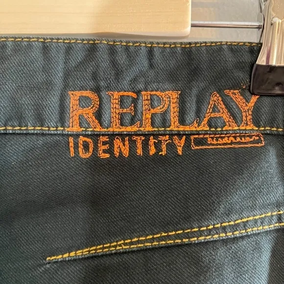 Replay Men Jean Size 34 Denim Blue Button Fly Straight Leg Orange Dark Wash