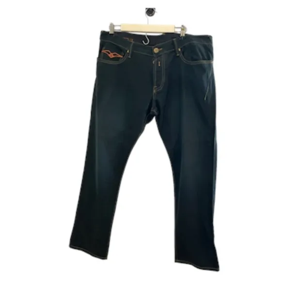 Replay Men Jean Size 34 Denim Blue Button Fly Straight Leg Orange Dark Wash