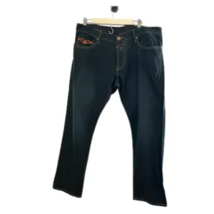 Replay Men Jean Size 34 Denim Blue Button Fly Straight Leg Orange Dark Wash