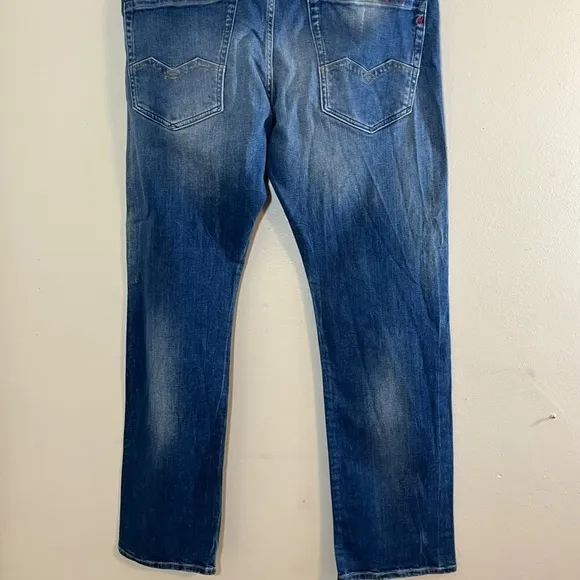 Replay Men Jeans Size 36 Blue Med Wash Faded Straight Wide Leg Waitom Luxe
