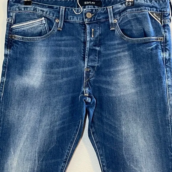 Replay Men Jeans Size 36 Blue Med Wash Faded Straight Wide Leg Waitom Luxe