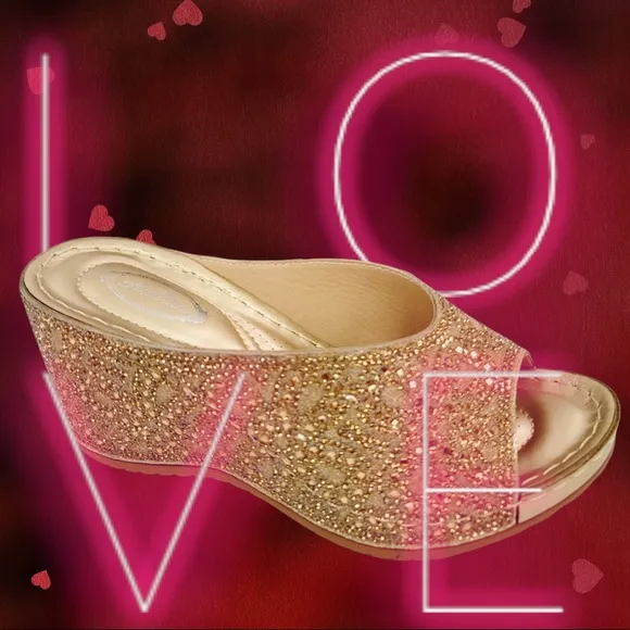 Restock! Italina Gold Metallic Rhinestone Embellished Wedge