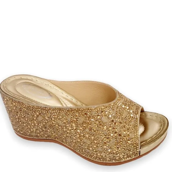 Restock! Italina Gold Metallic Rhinestone Embellished Wedge