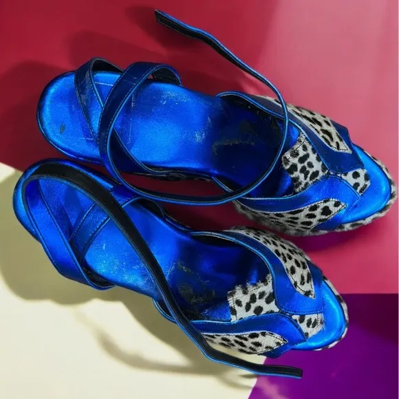 Retro cheetah/Leopard Print metallic foil Blue Platform Wedges