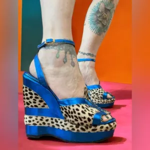 Retro cheetah/Leopard Print metallic foil Blue Platform Wedges