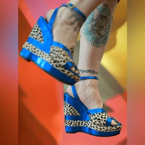 Retro cheetah/Leopard Print metallic foil Blue Platform Wedges