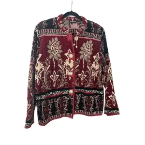 Retro Jacket Women M Red Button Tapestry Floral Retro Vtg Blazer Beaded Office