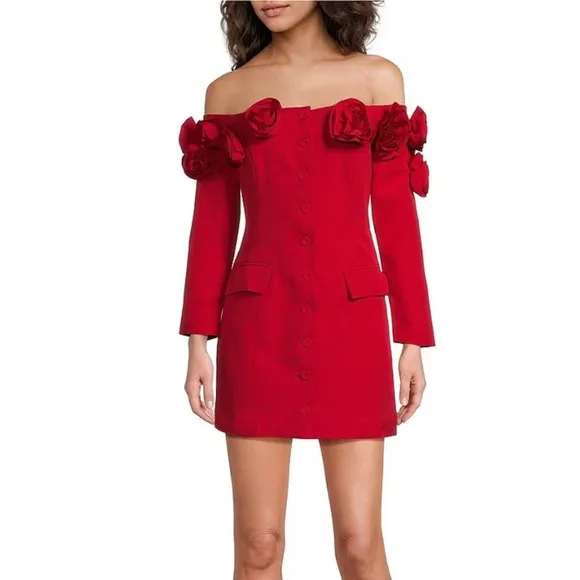 Revolve- Lucy Paris NWOT red flower appliqué off the shoulder mini blazer dress