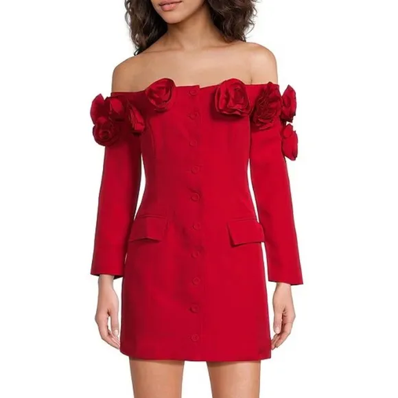 Revolve- Lucy Paris NWOT red flower appliqué off the shoulder mini blazer dress