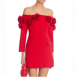 Revolve- Lucy Paris NWOT red flower appliqué off the shoulder mini blazer dress