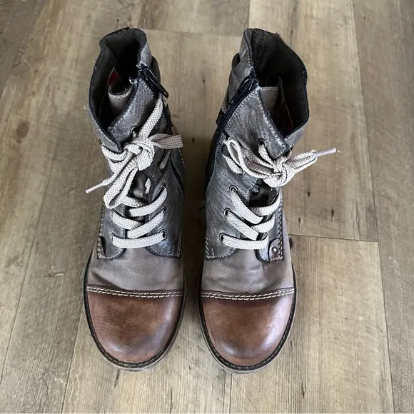 Rieker Payton Brandy Combat Newspaper Print Boots