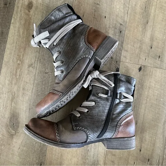 Rieker Payton Brandy Combat Newspaper Print Boots